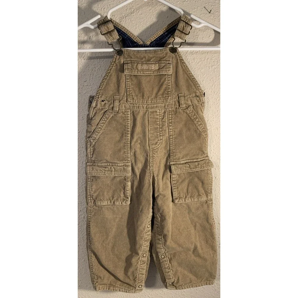 OSHKOSH B'GOSH Bib Overalls 2T 24 Mos Lined Khaki Tan Corduroy Pockets Farm